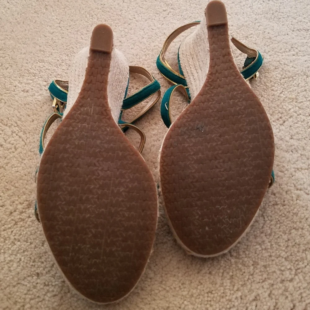 AUTHENTIC Michael Kors Aqua & Gold Suede Espadrille Wedge Sandals - size 7